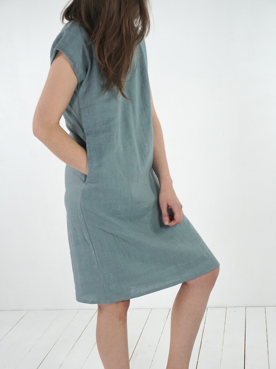 Linen vneck dress. Womans linen dress. Short sleeve dress. Etsy