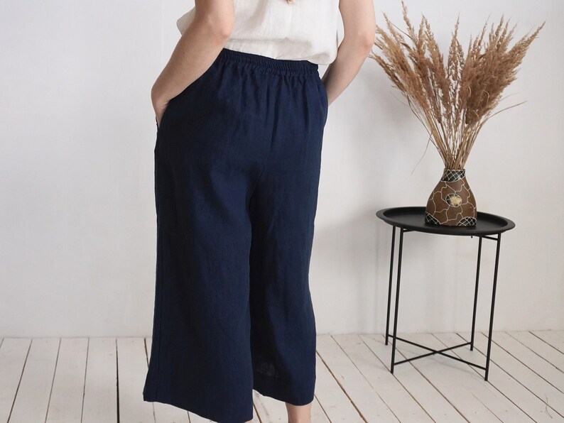 On SALE Ready to Ship, S size. Linen capri pants. Wide leg capri trousers. Linen capri pants with ruffle. Summer pants.Ruffle pants-BARCOO image 7