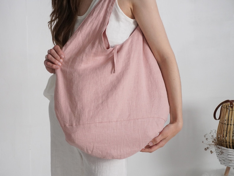 Linen round bag. Natural linen bag. Double layer linen round bag. Natural shopping bag. Linen shoulder bag. Beach bag. Summer linen bag. image 8