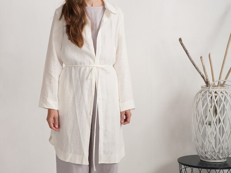 Linen long jacket. Natural linen jacket. Womens jacket. Linen cardigan. Linen cover up with belt. Natural linen jacket with pockets EMAJEGI image 2