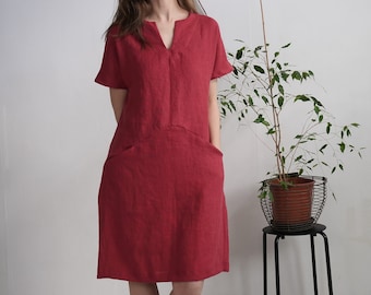 Linen midi dress. Linen dress. Washed linen dress. Soft linen V-neck dress. Washed linen dress with pockets. Linen natural dress - INDUS