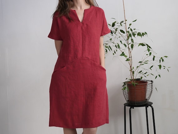Linen midi dress. Linen dress. Washed linen dress. Soft linen V-neck dress. Washed linen dress with pockets. Linen natural dress - INDUS