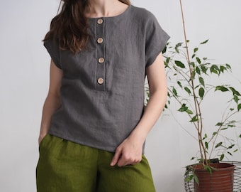 Blouse en lin lavé. Blouse de maternité en lin. Tunique en lin naturel. Blouse ample en lin. Blouse en lin avec boutons. Blouse boutonnée en lin - KAMA