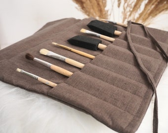 Linen Roll-Up Case for Pens, Brushes, Cosmetics (Fold-Over Closure)