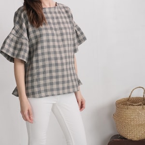 Linen loose ruffle sleeve blouse. Flowy linen blouse. Summer Oversized flowy top. Loose Fit Boho Linen Clothing. Plus size top EUPHRATES image 1