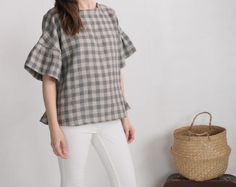 Linen loose ruffle sleeve blouse. Flowy linen blouse. Summer Oversized flowy top. Loose Fit Boho Linen Clothing. Plus size top - EUPHRATES