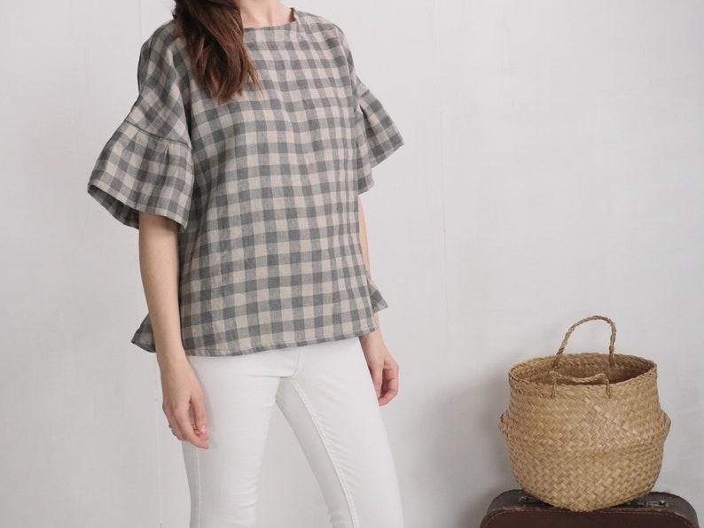 Linen loose ruffle sleeve blouse. Flowy linen blouse. Summer Oversized flowy top. Loose Fit Boho Linen Clothing. Plus size top EUPHRATES image 1