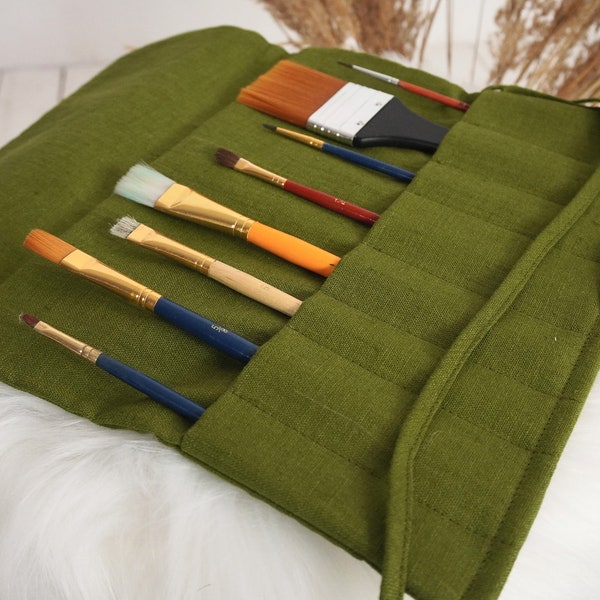 Linen roll up case for pens pencils markers brushes Linen cosmetics supplies wrap linen case with cords closure and fold over linen roll up