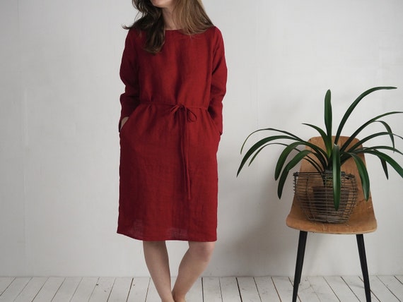 Linen Long Sleeve Dress. Linen Shift Midi Dress. Linen Minimal Dress.  Simple Linen Dress. Soft Linen Dress. Autumn Winter Dress - SINDHU