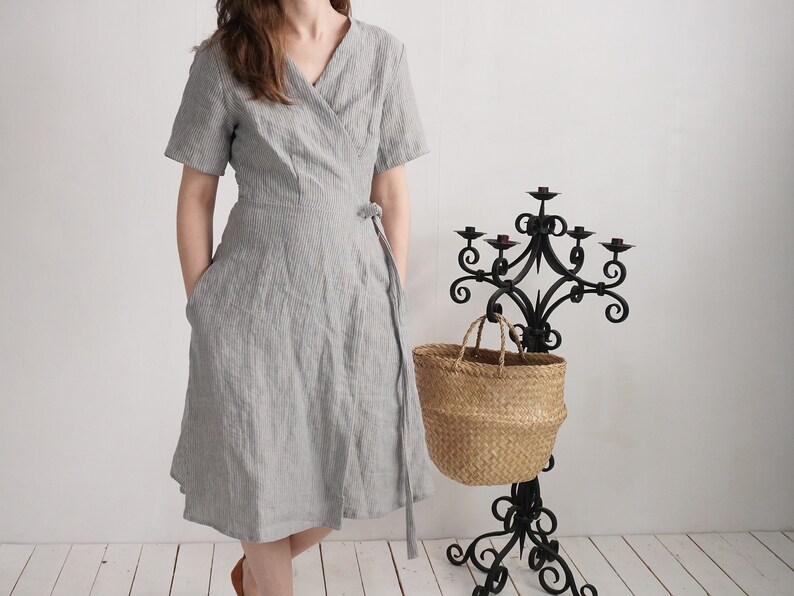 Wrap linen dress. Elegant summer dress. Evening linen dress. Bridesmaid wedding dress. Midi wrap linen dress. Linen a-line dress MISSOURI image 2