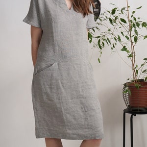 Linen midi dress. Linen dress. Washed linen dress. Soft linen V-neck dress. Washed linen dress with pockets. Linen natural dress INDUS image 4