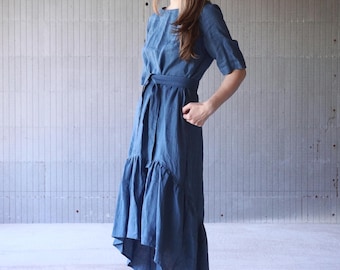 100% Linen Maxi Dress – Oversized Boho Style, Side Pockets, Belted - NERIS