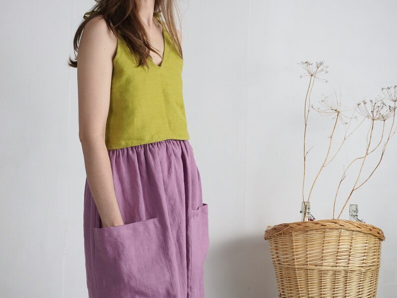 Linen strap crop top. Linen spaghtetti strap top. Summer linen cami top. Linen cropped tank top. Linen blouse. Natural linen tie top AMUR image 2