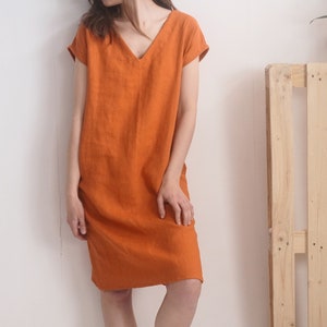 Linen v-neck dress. Womans linen dress. Short sleeve dress. V-neck dress. Womans loose linen dress. Natural linen summer dress MADEIRA image 8