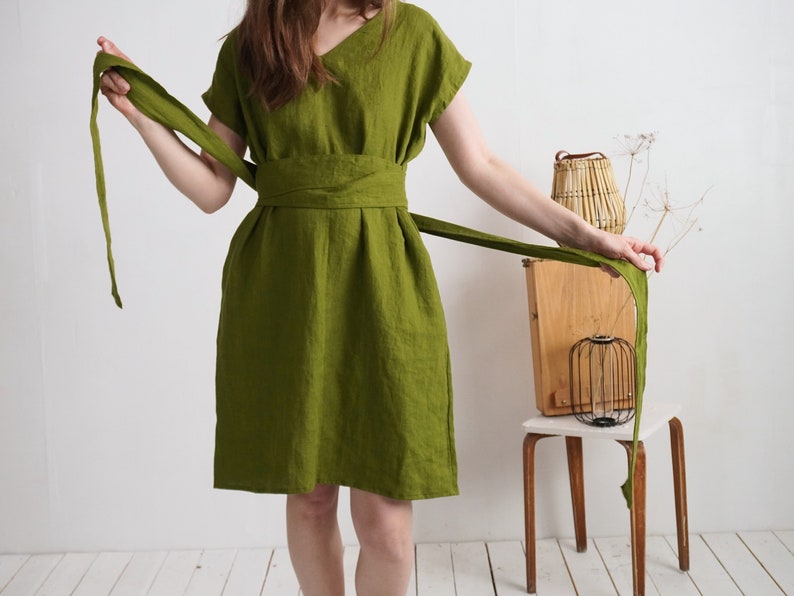 Linen oversized dress with belt. Linen v-neck dress. Loose linen dress. Women dress with belt. Oversize linen dress. Elegant Dress PARAGUAY image 4