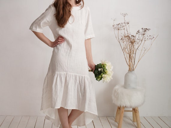 Linen Maxi Wedding Dress. Barn Linen Wedding Dress. Back V neck Wedding Dress. Maternity Linen Wedding Dress. White Ruffle Dress CONGO Etsy