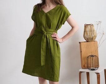 Oversized Linen V-Neck Dress – Stone Washed, Short Sleeves, Side Belts - PARAGUAY