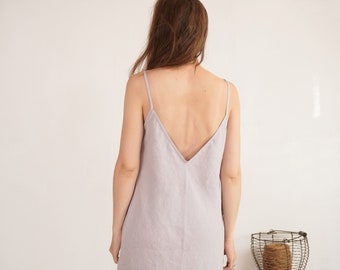 On SALE - Ready to Ship, S size. Open back linen dress. Deep V back linen dress. Linen dress. Linen nightgown. Linen slip dress - YAMUNA