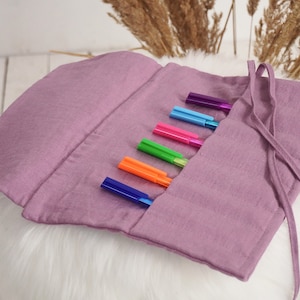 Étui en lin enroulable pour stylos crayons marqueurs pinceaux Fournitures cosmétiques en lin Étui en lin enroulable avec fermeture par cordons et pliable
