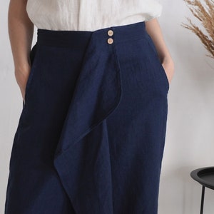 On SALE Ready to Ship, S size. Linen capri pants. Wide leg capri trousers. Linen capri pants with ruffle. Summer pants.Ruffle pants-BARCOO image 3