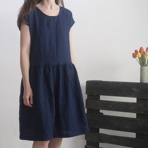 Midi Smock Linen Dress. 100% Linen Dress. Sustainable Linen Summer Clothing. Flowy Dress. Women Linen Dress. Petite Smock Dress - YUKON