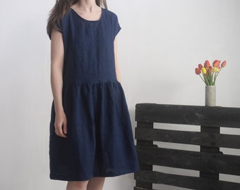 Midi Smock Linen Dress. 100% Linen Dress. Sustainable Linen Summer Clothing. Flowy Dress. Women Linen Dress. Petite Smock Dress - YUKON