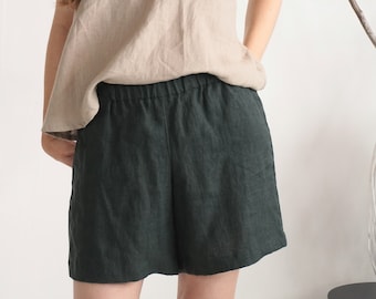 Linen shorts with no pockets. Womens linen short shorts. Washed linen shorts. Linen shorts. Womens linen shorts. Summer linen shorts-BERMEJO