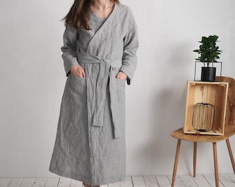 Linen unisex bath robe. Long linen robe. Washed linen bath robe. Soft linen lounge wear. Stonewashed linen robe. Linen bathrobe - TAPI