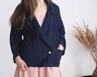 Stone Washed Linen Double Breasted Blazer, Oversized Fit, Long Sleeve Jacket - SEPIK