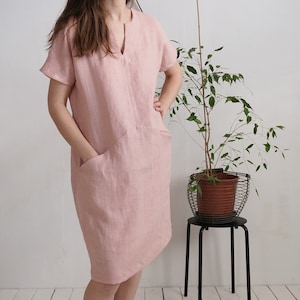 On SALE Ready to Ship, Xs, S, L, XL sizes. Linen midi dress. Washed linen dress. Soft linen V-neck dress. Washed linen dress-INDUS image 3