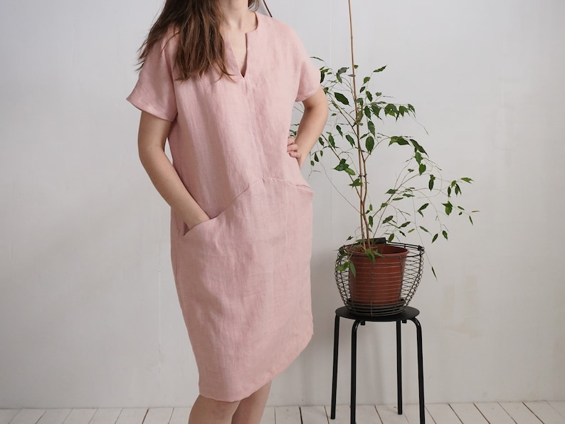 On SALE Ready to Ship, Xs, S, L, XL sizes. Linen midi dress. Washed linen dress. Soft linen V-neck dress. Washed linen dress-INDUS image 3