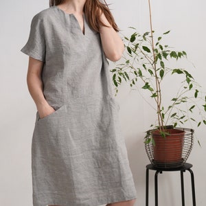 Linen midi dress. Linen dress. Washed linen dress. Soft linen V-neck dress. Washed linen dress with pockets. Linen natural dress INDUS image 1