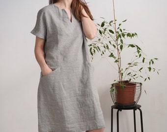 Linen midi dress. Linen dress. Washed linen dress. Soft linen V-neck dress. Washed linen dress with pockets. Linen natural dress - INDUS