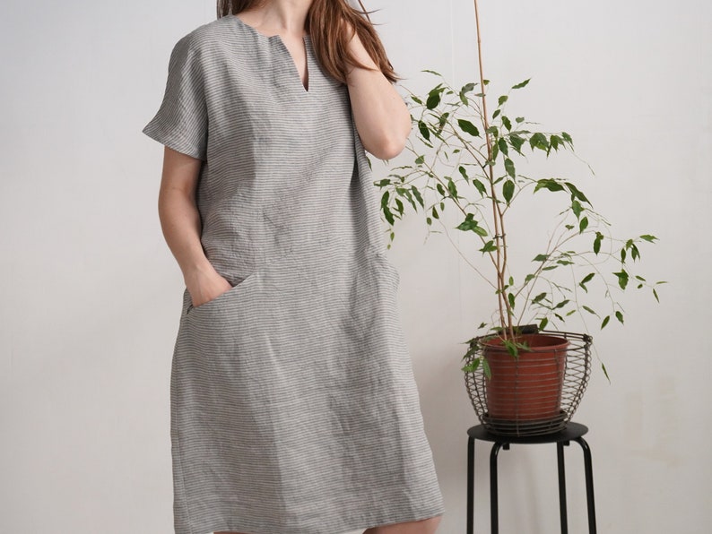 Linen midi dress. Linen dress. Washed linen dress. Soft linen V-neck dress. Washed linen dress with pockets. Linen natural dress INDUS image 1