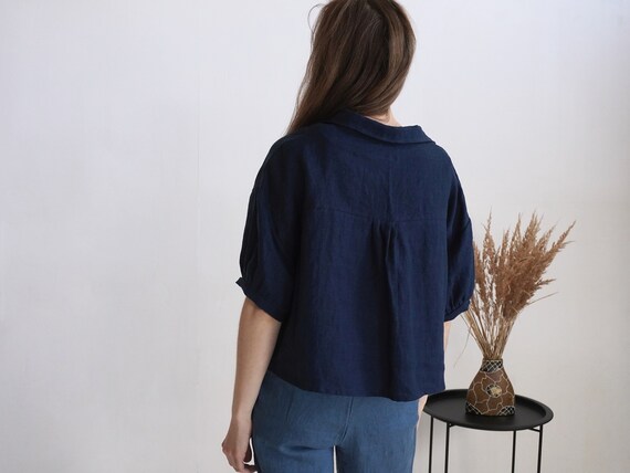 Crop Linen Jacket With Buttons. Washed Linen Short Sleeve