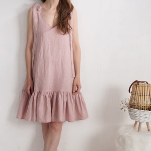 Linen dress with long straps. Linen womans dress. Loose fitting ruffled sundress. Elegant linen strap dress. Romantic linen dress - SHIRE