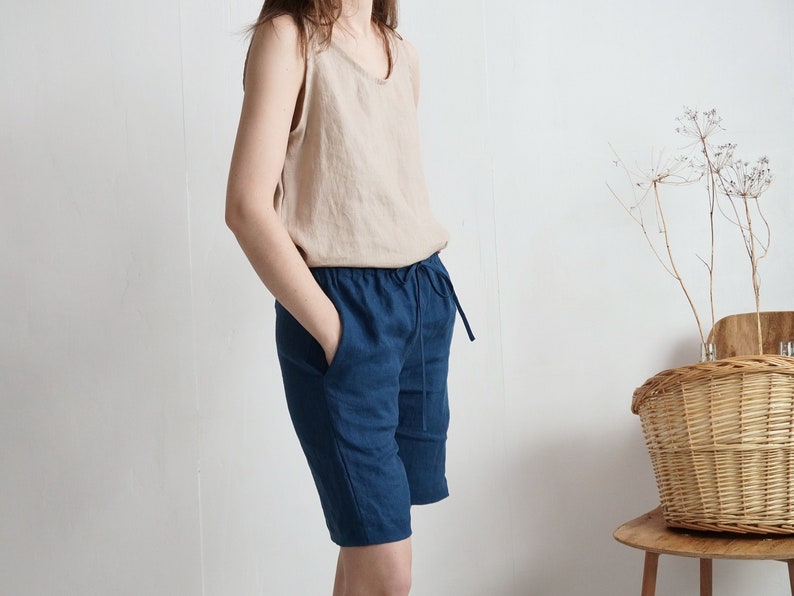 On SALE Ready to Ship, S, L size. Linen long shorts pockets. Linen mom shorts. Basic summer shorts. Women summer shorts. Long shorts-ALDAN image 2