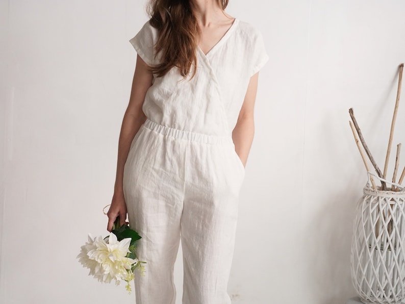 Linen wedding jumpsuit. Bridal jumpsuit. Linen white jumpsuit. Linen wedding pantsuit. Wedding linen romper. Linen wedding romper PARANA image 1