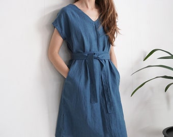 Linen v-neck dress with belt. Womans linen dress. Short sleeve dress. V-neck dress. Loose linen dress. Natural linen summer dress - DARLING