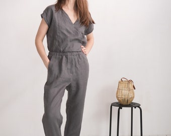 Stone Washed Linen Jumpsuit, V-Neck Short Sleeve Romper – PARANA