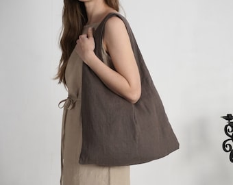 100% Linen Double Layer Tote Bag, Wide Strap, Washable Market Bag