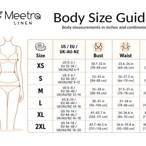 Puede incluir: Una tabla de gu&iacute;a de tallas de Meetra Linen con un dibujo lineal de una figura que indica busto, cintura y caderas. La tabla enumera tallas de XS a 2XL con equivalencias de EE. UU., UE, RU, AU y NZ, adem&aacute;s de medidas en cent&iacute;metros.