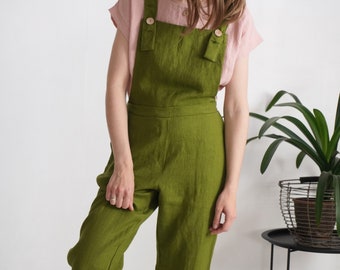 Linen Dungarees Jumpsuit, Natural Stone Washed Casual Romper - SHANNON