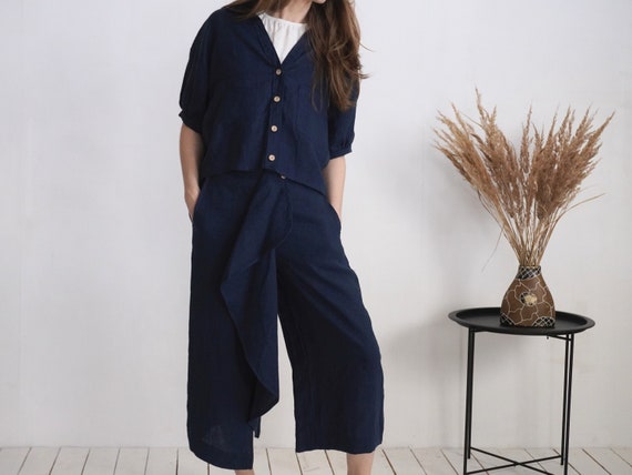 Linen Short Jacket and Capri Pants. Linen Suit. Linen Crop Jacket. Women  Linen Suit. Linen Wide Leg Capris. Linen Blouse. Linen Capri Pants -   Canada