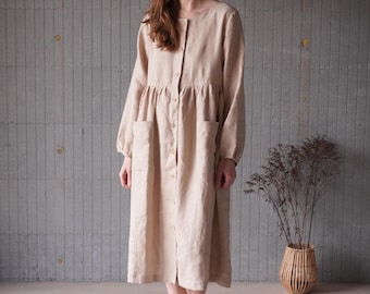 Maternity Linen Dress With Buttons, Long Sleeve Breastfeeding Gown - Etsy