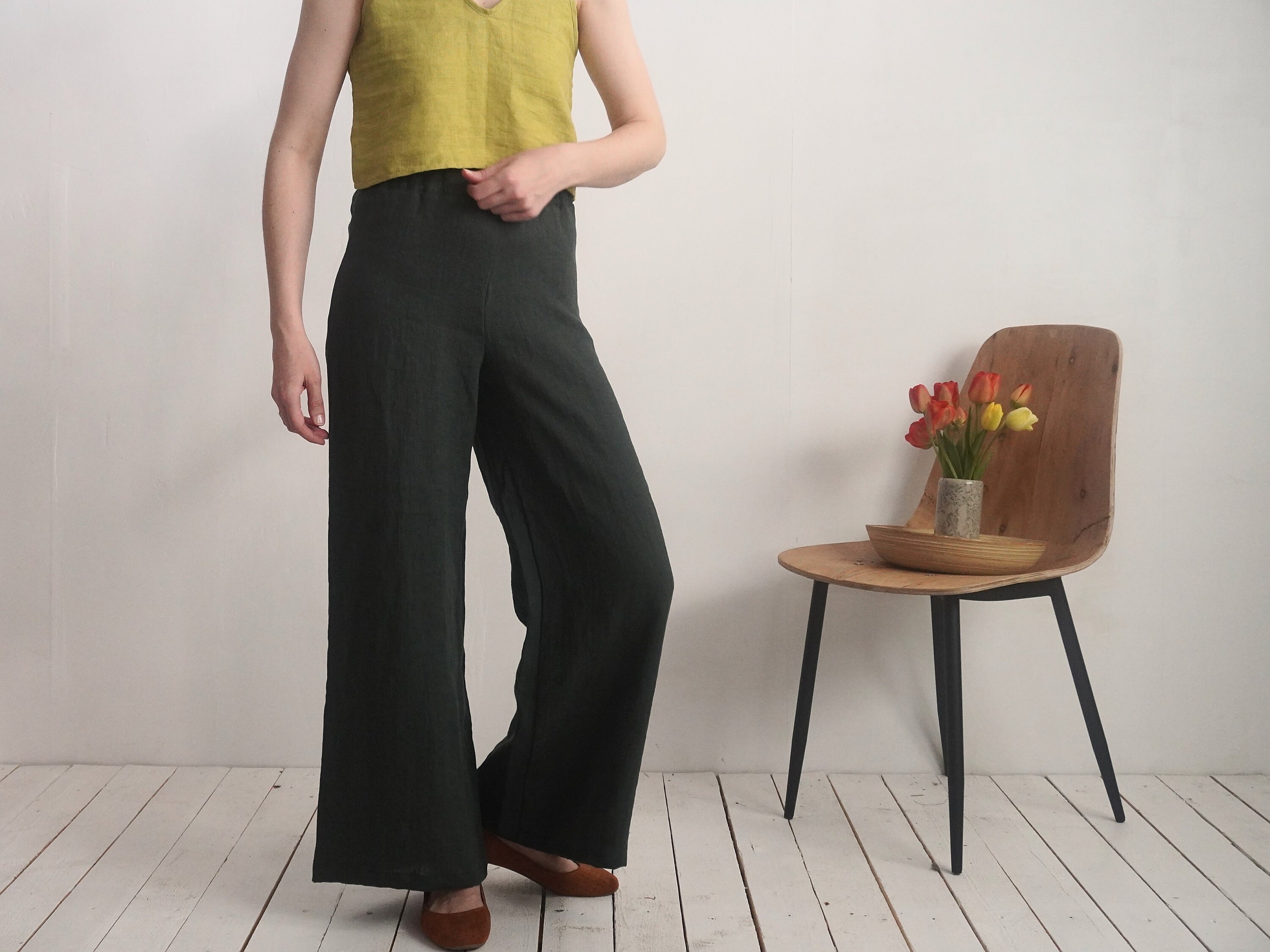 heipeiwa Women's Linen Casual High Waist Wide Leg Straight