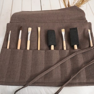 Étui en lin enroulable pour stylos crayons marqueurs pinceaux Fournitures cosmétiques en lin Étui en lin enroulable avec fermeture par cordons et pliable