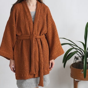 Waffle linen bathrobe. Waffle linen robe with belt. Organic unisex waffle linen robe. Waffle linen bathrobe. Linen spa sauna robe - TOBOL