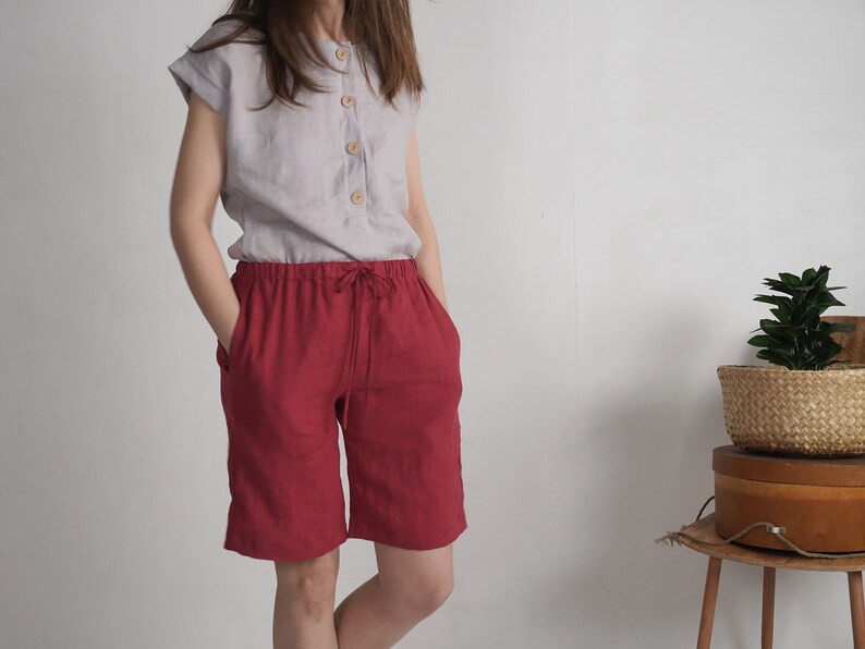 On SALE Ready to Ship, S, L size. Linen long shorts pockets. Linen mom shorts. Basic summer shorts. Women summer shorts. Long shorts-ALDAN image 7