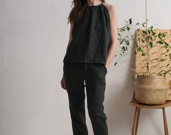 Linen blouse and pants. Christmas linen outfit. Linen top and pants set for women. Linen pantsuit. Linen clothing set. Sustainable clothing.